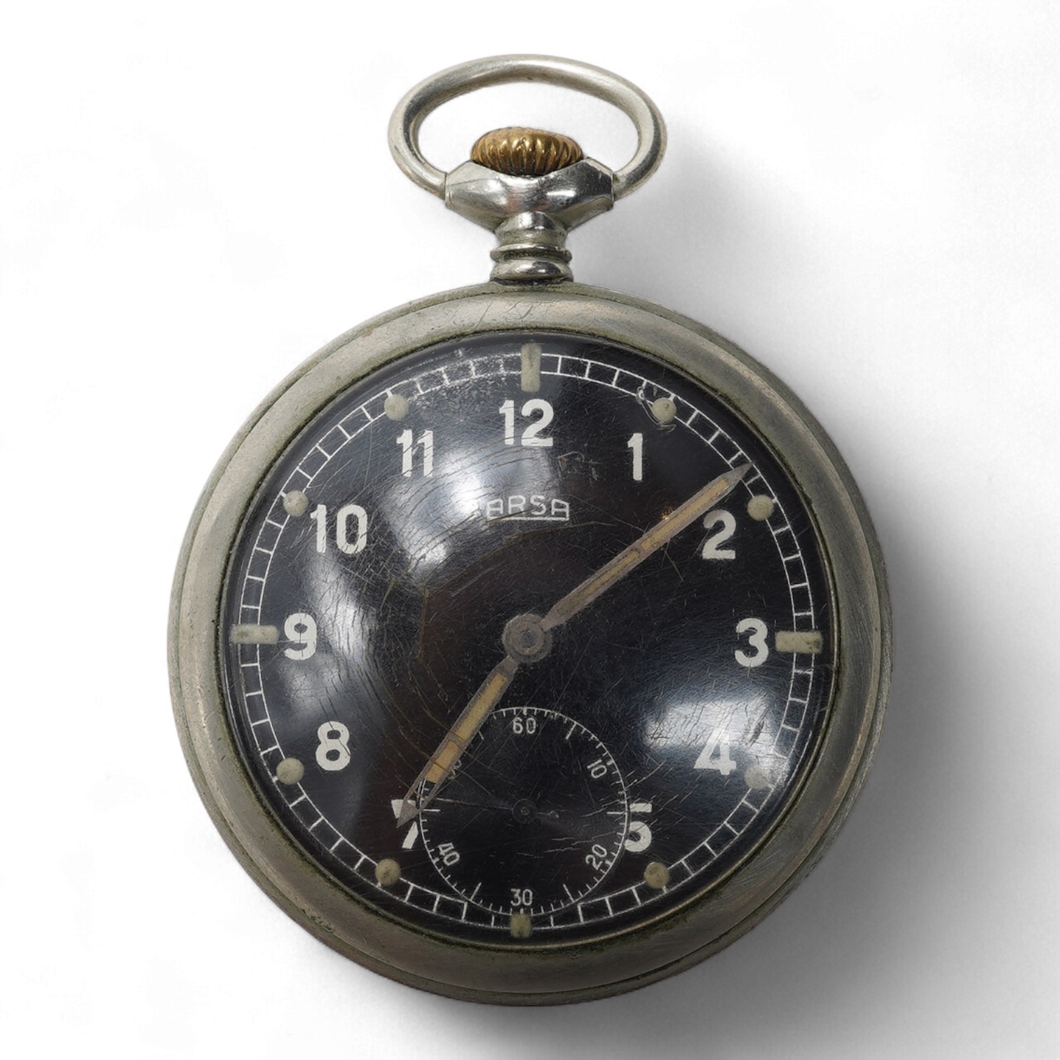 A German WWII Arsa pocket watch, the reverse of the case stamped D4737H, retains inner dust cover